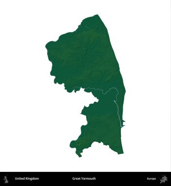 Yüce Yarmouth. Birleşik Krallık 'ın idari alanı renkli bir yükseklik haritasında beyaz üzerine izole edilmiş