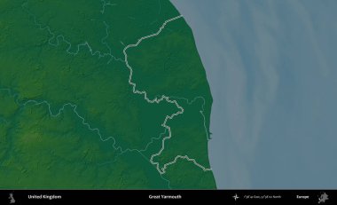 Yüce Yarmouth. Renkli bir yükseklik haritasında Birleşik Krallık 'ın özetlenmiş yönetim alanı