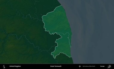 Yüce Yarmouth. Birleşik Krallık 'ın idari alanı koyu renkli bir yükseklik haritasına vurgulanmış ve özetlenmiştir