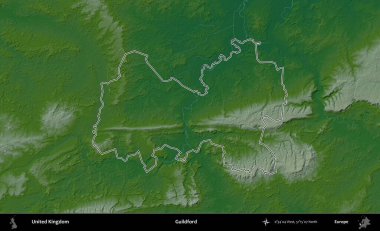 Guildford. Renkli bir yükseklik haritasında Birleşik Krallık 'ın özetlenmiş yönetim alanı