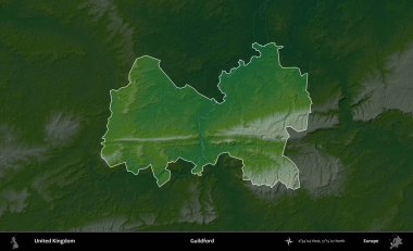 Guildford. Birleşik Krallık 'ın idari alanı koyu renkli bir yükseklik haritasına vurgulanmış ve özetlenmiştir
