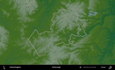Harborough 'da. Renkli bir yükseklik haritasında Birleşik Krallık 'ın özetlenmiş yönetim alanı