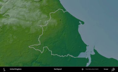 Hartlepool 'da. Renkli bir yükseklik haritasında Birleşik Krallık 'ın özetlenmiş yönetim alanı