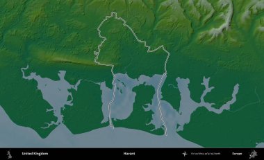 Havant. Renkli bir yükseklik haritasında Birleşik Krallık 'ın özetlenmiş yönetim alanı