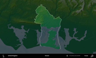 Havant. Birleşik Krallık 'ın idari alanı koyu renkli bir yükseklik haritasına vurgulanmış ve özetlenmiştir