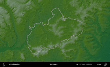 Hertsmere. Renkli bir yükseklik haritasında Birleşik Krallık 'ın özetlenmiş yönetim alanı