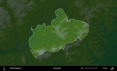Hertsmere. Birleşik Krallık 'ın idari alanı koyu renkli bir yükseklik haritasına vurgulanmış ve özetlenmiştir