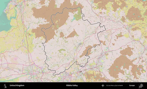 Ribble Vadisi. Birleşik Krallık 'ın bir OpenStreetMap Standart biçim haritasında özetlenmiş idari alanı