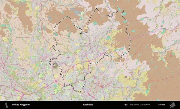 Rochdale 'de. Birleşik Krallık 'ın bir OpenStreetMap Standart biçim haritasında özetlenmiş idari alanı