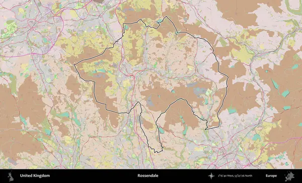 Rossendale 'de. Birleşik Krallık 'ın bir OpenStreetMap Standart biçim haritasında özetlenmiş idari alanı