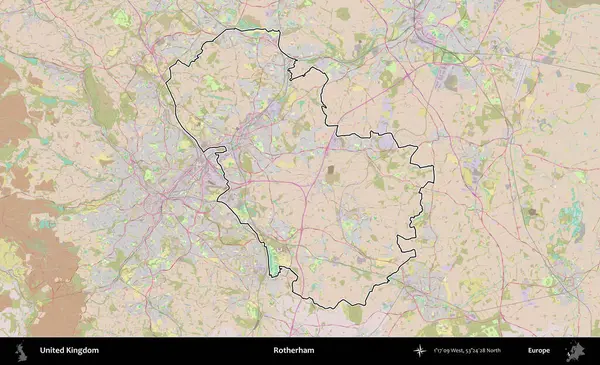 Rotherham. Birleşik Krallık 'ın bir OpenStreetMap Standart biçim haritasında özetlenmiş idari alanı