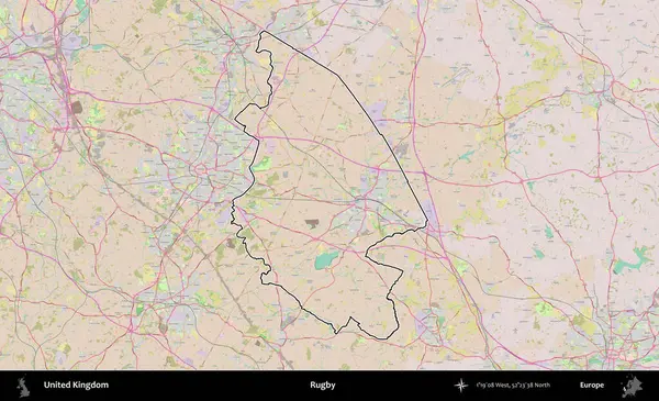 Ragbi. Birleşik Krallık 'ın bir OpenStreetMap Standart biçim haritasında özetlenmiş idari alanı