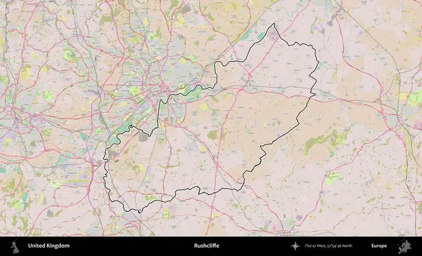 Rushcliffe. Birleşik Krallık 'ın bir OpenStreetMap Standart biçim haritasında özetlenmiş idari alanı