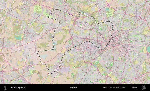 Salford. Birleşik Krallık 'ın bir OpenStreetMap Standart biçim haritasında özetlenmiş idari alanı
