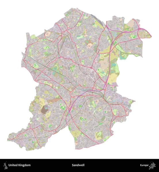 Sandwell. Birleşik Krallık 'ın idari alanı OpenStreetMap Standart biçim haritasında beyazda izole edildi