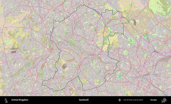 Sandwell. Birleşik Krallık 'ın bir OpenStreetMap Standart biçim haritasında özetlenmiş idari alanı