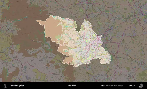 Sheffield. Birleşik Krallık 'ın idari alanı koyu renk bir OpenStreetMap Standart Haritası üzerine vurgulanmış ve özetlenmiştir