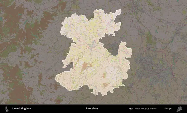Shropshire 'da. Birleşik Krallık 'ın idari alanı koyu renk bir OpenStreetMap Standart Haritası üzerine vurgulanmış ve özetlenmiştir