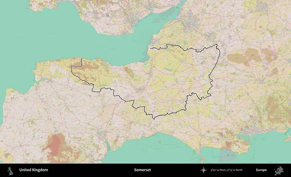 Somerset. Birleşik Krallık 'ın bir OpenStreetMap Standart biçim haritasında özetlenmiş idari alanı