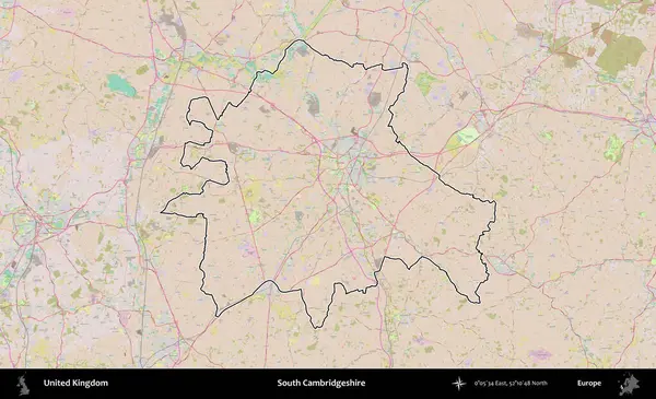 Güney Cambridgeshire. Birleşik Krallık 'ın bir OpenStreetMap Standart biçim haritasında özetlenmiş idari alanı