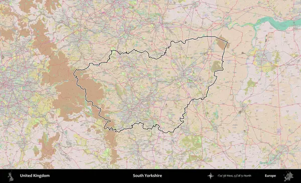 Güney Yorkshire. Birleşik Krallık 'ın bir OpenStreetMap Standart biçim haritasında özetlenmiş idari alanı