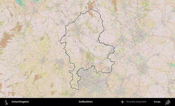 Staffordshire 'da. Birleşik Krallık 'ın bir OpenStreetMap Standart biçim haritasında özetlenmiş idari alanı