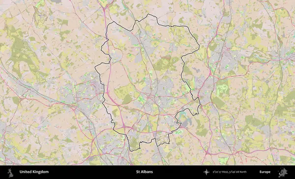 Aziz Albans. Birleşik Krallık 'ın bir OpenStreetMap Standart biçim haritasında özetlenmiş idari alanı