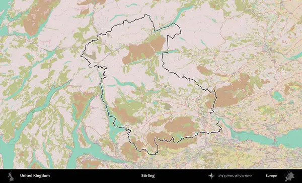 Stirling. Birleşik Krallık 'ın bir OpenStreetMap Standart biçim haritasında özetlenmiş idari alanı