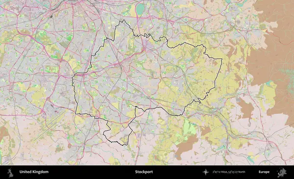 - Stockport. Birleşik Krallık 'ın bir OpenStreetMap Standart biçim haritasında özetlenmiş idari alanı