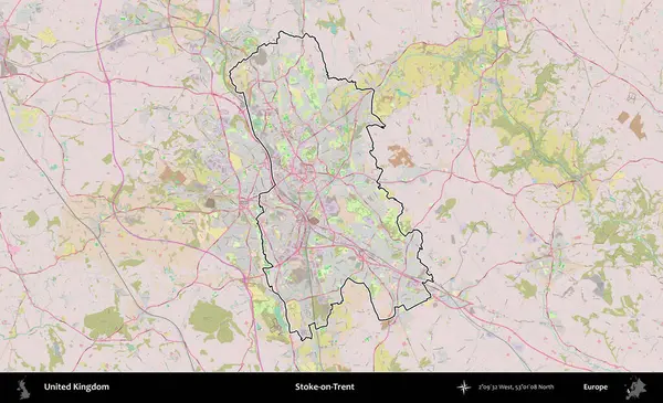 Stoke-on-Trent. Birleşik Krallık 'ın bir OpenStreetMap Standart biçim haritasında özetlenmiş idari alanı