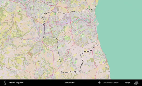 Sunderland 'de. Birleşik Krallık 'ın bir OpenStreetMap Standart biçim haritasında özetlenmiş idari alanı