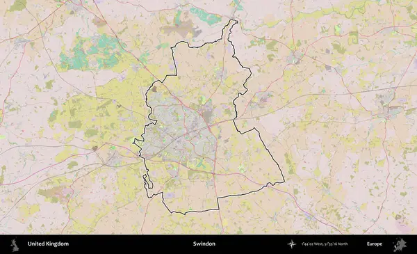 Swindon. Birleşik Krallık 'ın bir OpenStreetMap Standart biçim haritasında özetlenmiş idari alanı