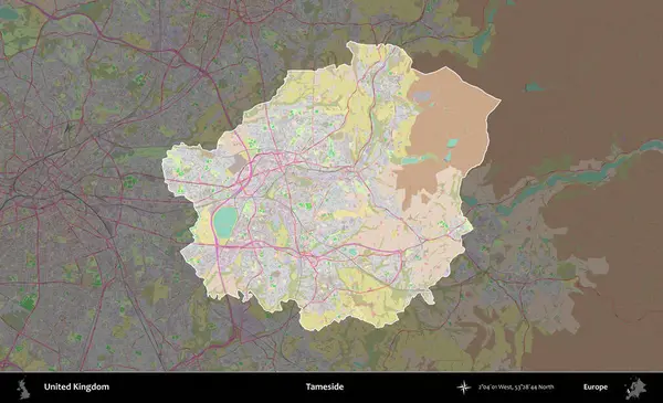 Tameside 'da. Birleşik Krallık 'ın idari alanı koyu renk bir OpenStreetMap Standart Haritası üzerine vurgulanmış ve özetlenmiştir