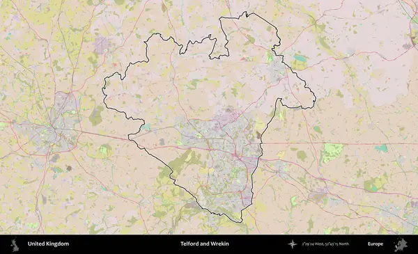 Telford ve Wrekin. Birleşik Krallık 'ın bir OpenStreetMap Standart biçim haritasında özetlenmiş idari alanı