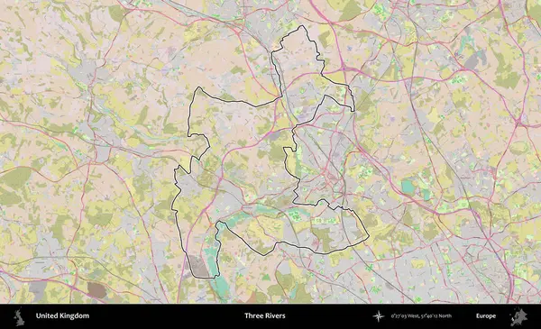 Üç Nehir. Birleşik Krallık 'ın bir OpenStreetMap Standart biçim haritasında özetlenmiş idari alanı