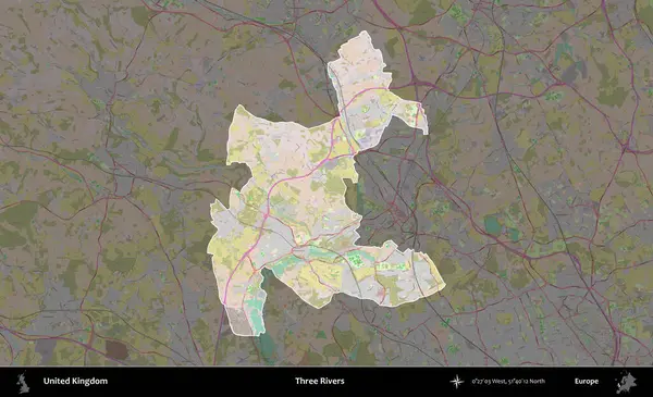 Üç Nehir. Birleşik Krallık 'ın idari alanı koyu renk bir OpenStreetMap Standart Haritası üzerine vurgulanmış ve özetlenmiştir