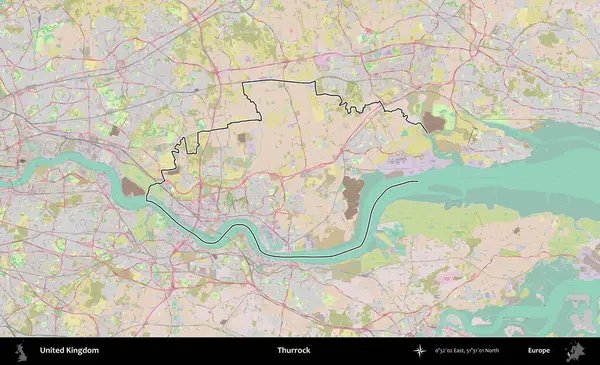 Thurrock. Birleşik Krallık 'ın bir OpenStreetMap Standart biçim haritasında özetlenmiş idari alanı