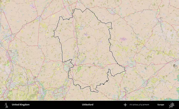 Uttlesford 'da. Birleşik Krallık 'ın bir OpenStreetMap Standart biçim haritasında özetlenmiş idari alanı