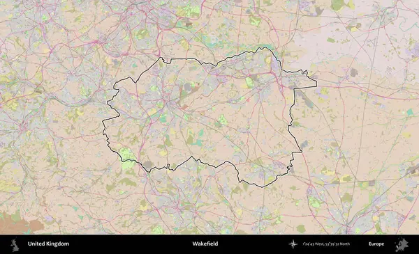 Wakefield 'da. Birleşik Krallık 'ın bir OpenStreetMap Standart biçim haritasında özetlenmiş idari alanı