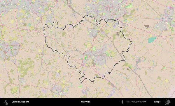 Warwick. Birleşik Krallık 'ın bir OpenStreetMap Standart biçim haritasında özetlenmiş idari alanı