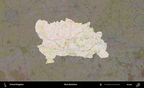 Batı Berkshire. Birleşik Krallık 'ın idari alanı koyu renk bir OpenStreetMap Standart Haritası üzerine vurgulanmış ve özetlenmiştir