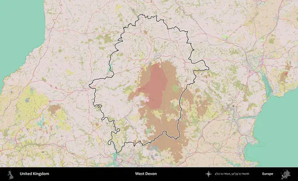 Batı Devon. Birleşik Krallık 'ın bir OpenStreetMap Standart biçim haritasında özetlenmiş idari alanı