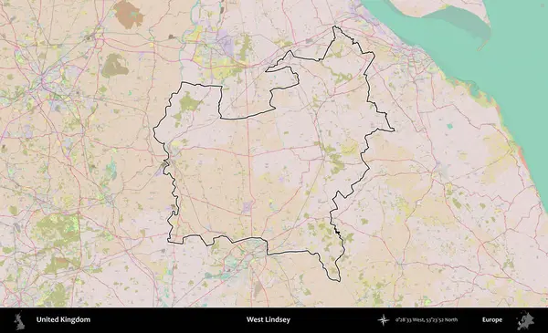 Batı Lindsey. Birleşik Krallık 'ın bir OpenStreetMap Standart biçim haritasında özetlenmiş idari alanı