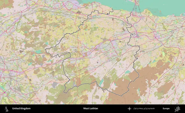 Batı Lothian. Birleşik Krallık 'ın bir OpenStreetMap Standart biçim haritasında özetlenmiş idari alanı