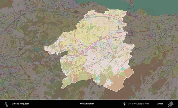 Batı Lothian. Birleşik Krallık 'ın idari alanı koyu renk bir OpenStreetMap Standart Haritası üzerine vurgulanmış ve özetlenmiştir