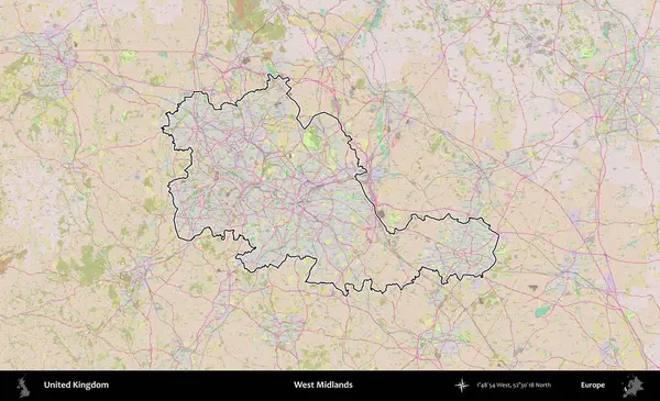 Batı Midlands. Birleşik Krallık 'ın bir OpenStreetMap Standart biçim haritasında özetlenmiş idari alanı