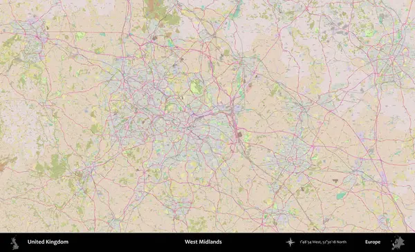 Batı Midlands. OpenStreetMap Standart biçim haritasında Birleşik Krallık 'ın idari alanı