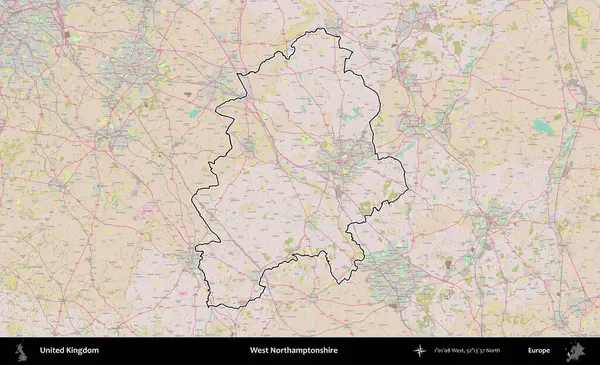 Batı Northamptonshire. Birleşik Krallık 'ın bir OpenStreetMap Standart biçim haritasında özetlenmiş idari alanı
