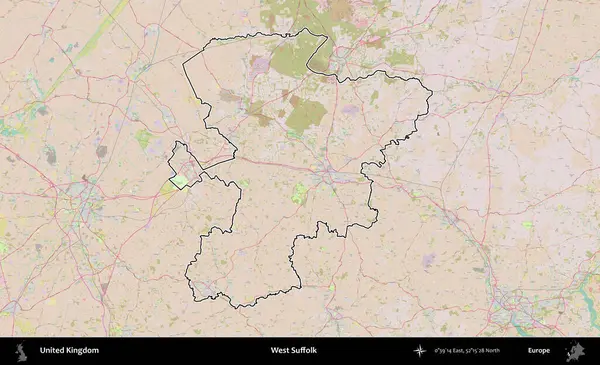 Batı Suffolk. Birleşik Krallık 'ın bir OpenStreetMap Standart biçim haritasında özetlenmiş idari alanı