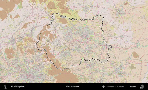 Batı Yorkshire. Birleşik Krallık 'ın bir OpenStreetMap Standart biçim haritasında özetlenmiş idari alanı